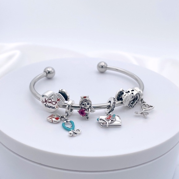 Linx Stainless Steel Open Bangle with Nurse Themed Charms
